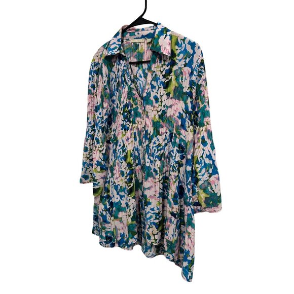 Sunny Leigh Womens Floral Pleated Sheer Blouse Multi-Color Button-Up Sz 1X - Picture 3 of 10